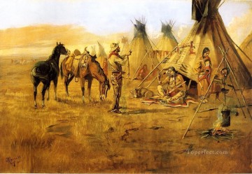  girl Oil Painting - Cowboy Bargaining for an Indian Girl cowboy Indians western American Charles Marion Russell